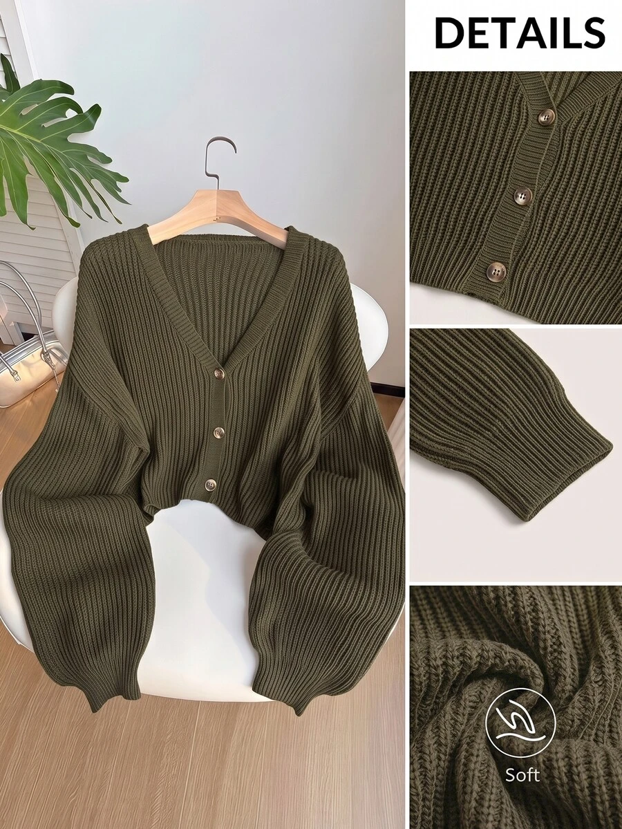 SHEIN EZwear 大尺碼女款純色落肩長袖單排扣針織開襟衫 - 橄欖綠 - 查看 1