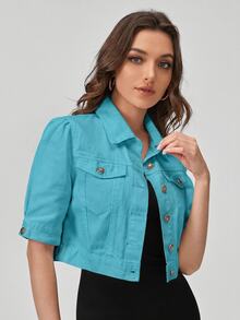 SHEIN EZwear 休閒純色中袖短版牛仔夾克 - 橘色 - 查看 4