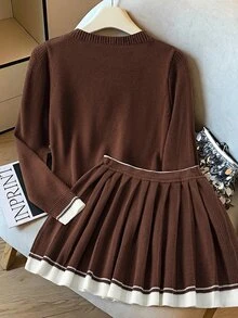 GlowEve CURVE Plus Size Women's Knit Dress Set, Solid Color Round Neck Colorblock Seahorse Design, Minimalist Elegant Casual Autumn Winter Office Graduation Brown - Coffee Brown - View 2