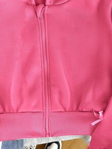 SHEIN 青少年女孩寬鬆休閒極簡舒適日常街頭風連帽修身口袋前開襟拉鍊短版長袖運動衫外套 白色返校穿搭 - 玫紅色 - 查看 5