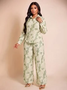 Brilight Floral Embossed Lapel Long Sleeve Button Shirt High Waist Wide Leg Pants For Vacation Brunch Daily O - Green - View 6
