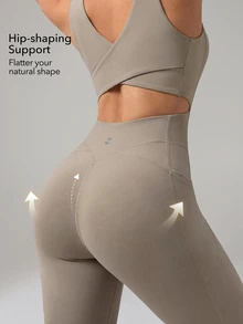 OutZeal Women Sports Jumpsuit Gym Workout Soft Stretch Bra-In Back Cut-Out Flared Leg One-Piece - Khaki - View 4