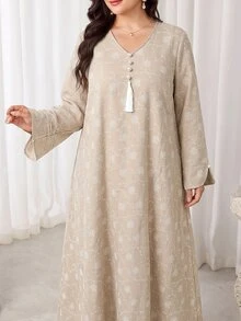 Al Najma Plus Size Women's Floral Embroidered Tassel Design Long Sleeve Elegant Arabian Dress - Khaki - View 5
