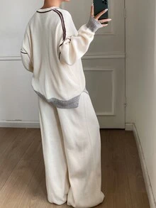 Livesso Setelan Kasual Wanita: Sweater Lengan Panjang Kerah Bulat dan Celana Rajut dengan Desain Blok Warna untuk Musim Gugur. - Aprikot - View 2