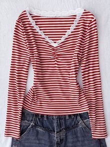Tween Girl Tween Girl Tween Girls Striped Ruched Chest Long Sleeve Lace Trim - Red - View 7