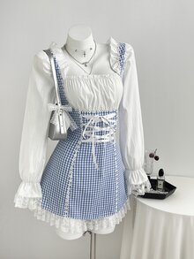 Elamini Sweet Pure Aesthetic Plaid Patchwork 2 In 1 Lace Tie Waist Slim Fit A-Line Long Sleeve Dress - Blue - View 4