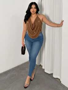 Firerie Plus Size Women's Fashion Versatile Daily Wear Halter Neck Top - Khaki - View 4