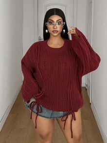 Maweii Sweater Pullover Lengan Lebar Kasual Berlubang dengan Tali Serut untuk Wanita Ukuran Plus - Burgundy - View 3