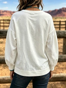 Selamara American Western Style Cream Pleated Long Sleeve Top, Lazy Vacation Casual Blouse - White - View 2