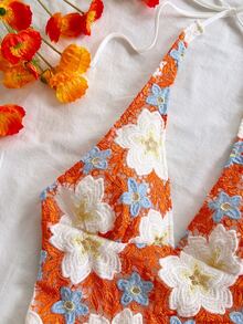 Soleia 新款性感浪漫花卉刺繡V領露背綁帶背心，適合度假、約會、夜店、波希米亞風、秋季女裝、復古、假期 - 橘色 - 查看 6