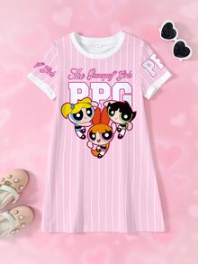 THE POWERPUFF GIRLS X SHEIN Young Girl Letter Stripe Print Round Neck Short Sleeve T-Shirt - White - View 1
