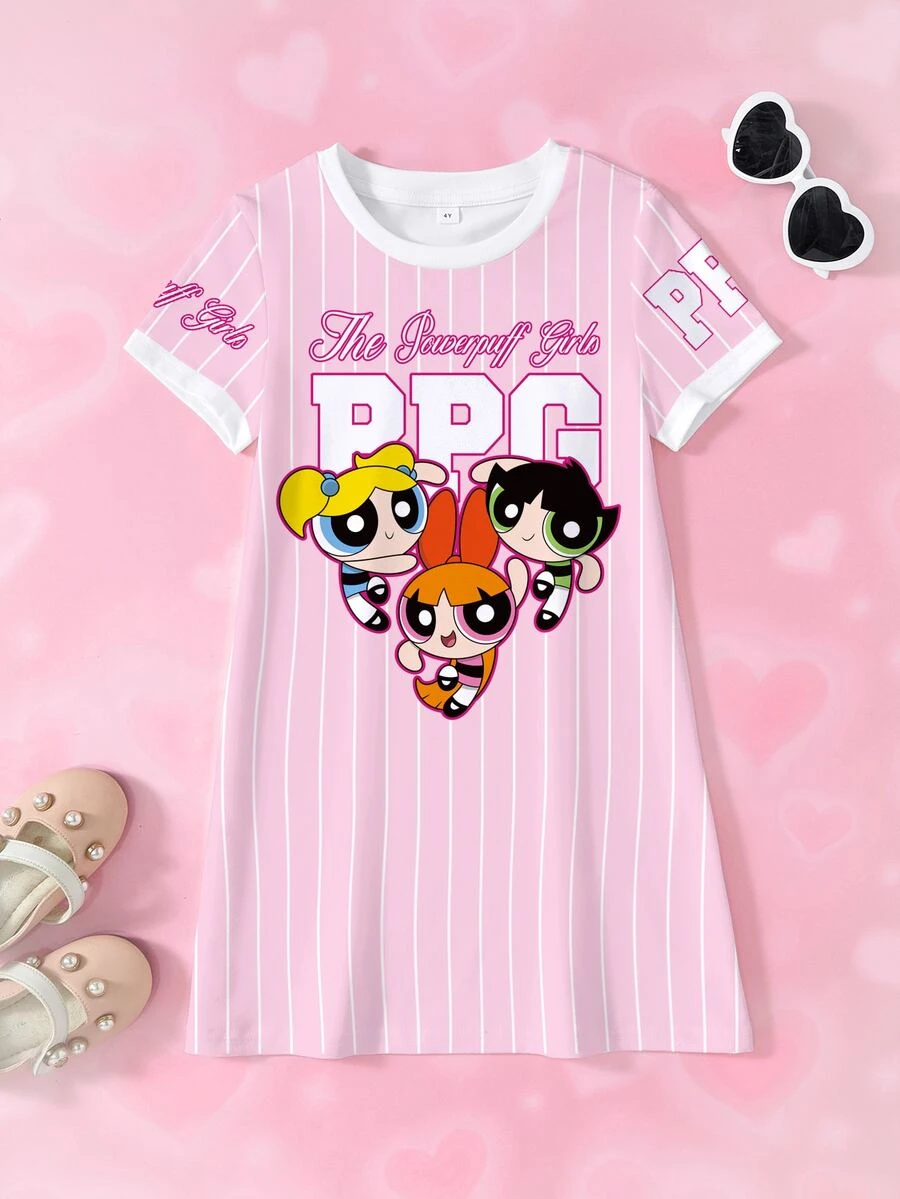 THE POWERPUFF GIRLS X SHEIN Young Girl Letter Stripe Print Round Neck Short Sleeve T-Shirt - White - View 1