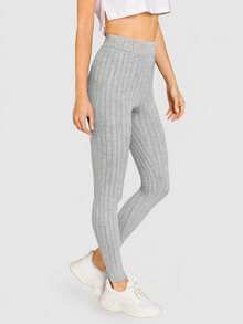 SHEIN BASICS 女款素色彈性腰休閒羅紋內搭褲 - 彩色 - 查看 3