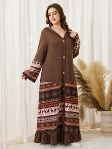 Lacomfia Autumn/Winter Elegant Casual Element Patchwork Hooded Collar Button Flared Sleeve Gathered Hem Knit Textured Long Sleeve Plus Size Women's Long Dress - Multicolor - View 7