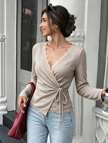 Flora Isola Flora Isola Autumn Elegant Romantic Lace Trim Tie-Front Wrap T-Shirt Brunch Khaki - Khaki - View 5