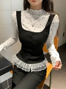 DAZY Women's Sweet Polka Dot Print Lace Patchwork 2 In 1 T-Shirt Fall - Black and White - View 6