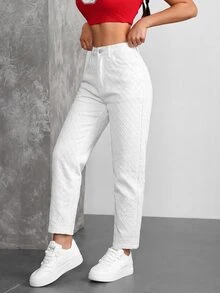 SHEIN ICON 女款休閒百搭丹寧Mom牛仔褲，附口袋 - 白色 - 查看 3