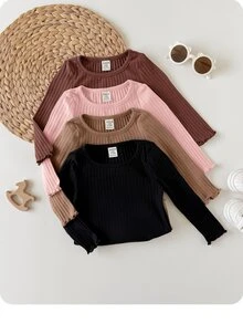 SHEIN 4件組女嬰休閒可愛針織百搭純色長袖上衣 - 藕粉色 - 查看 4