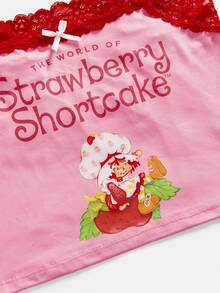 Strawberry Shortcake | ROMWE Plus Size Cute Strawberry Co-Branded Lace Patchwork Polka Dot Bow Non-Wired Women's Lingerie Set - Pink - View 4