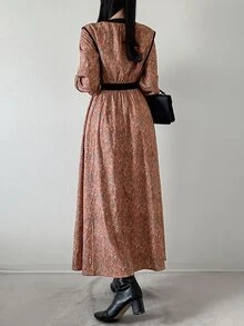 FRIFUL Women's Rust Round Neck Long Sleeve Button Half-Placket Casual Vintage Elegant Midi Dress Brunch High Tea Autumn Winter High Tea Date Night - Brown - View 9