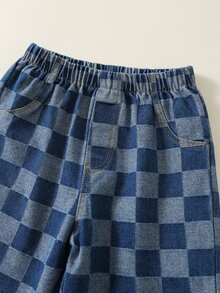 SHEIN 小男孩字母圖案針織柔軟圓領長袖套頭運動衫與彈性腰格紋長褲 2件套 - 彩色 - 查看 5