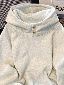 Resyla Women's Autumn/Winter Casual Versatile Thick Fleece Solid Color Heart Button Design Hooded Long Sleeve Sports Sweatshirt - Light Grey - View 3