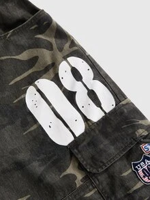 ROMWE Street Life Plus Size Vintage Camo Cargo Shorts, Multi-Pocket Washed Distressed Camo Denim Bermuda Shorts, Digital Print Patchwork Design, Y2K Street Style Loose Wide Leg - Army Green - View 3