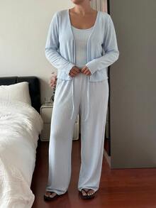 Dazy Plus Plus Size Women Solid Color Long Sleeve Front Tie Top, Camisole And Pants Casual 3 Pieces Pajama Set For Spring And Autumn - Baby Blue - View 6