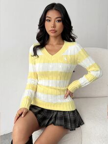 SHEIN 青少年女孩條紋V領學院風拼色針織修身舒適套頭毛衣 - 黃色 - 查看 2