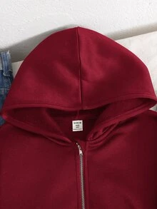SHEIN 青少年女孩秋冬休閒連帽開襟外套 - 酒紅色 - 查看 2