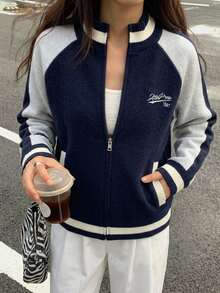 Strévra Women's Letter Pattern Colorblock Casual Everyday Cardigan - Navy Blue - View 4