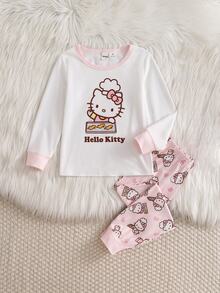 HELLO KITTY AND FRIENDS | SHEIN 女童春夏秋冬四季通用卡通圖案圓領長袖上衣與滿版印花長褲家居服套裝 - 白色 - 查看 1