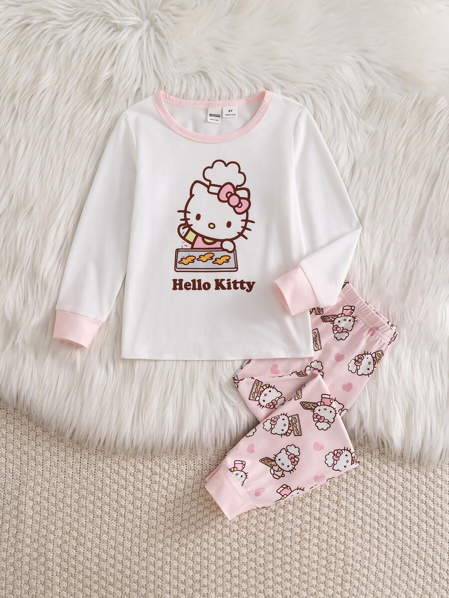 HELLO KITTY AND FRIENDS | SHEIN 女童春夏秋冬四季通用卡通圖案圓領長袖上衣與滿版印花長褲家居服套裝 - 白色 - 查看 1