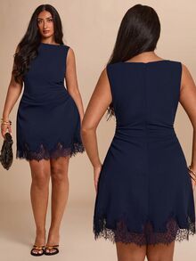 SHEIN BAE CURVE 大尺碼女款黑色蕾絲拼接無袖洋裝 - 藏蓝色 - 查看 1