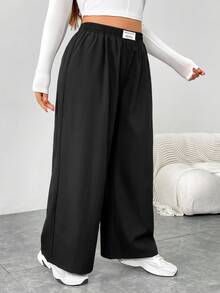 SHEIN Essnce Plus Size Women's Letter Print Denim Straight Leg Loose Fit Pants With Pockets - Black - View 4