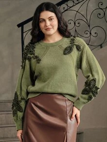 Anewsta Plus Size Vintage 3D Embroidered Vacation Pullover Sweater - Army Green - View 5