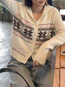 SHEIN LUNE كارديجان محبوك بقصة ضيقة مع قلنسوة ونقشة جاكار على شكل قلب لفصل الخريف/الشتاء - أبيض - مشاهدة 6
