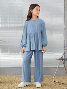 SHEIN 女童寬鬆優雅圓領A字長袖上衣與寬腿褲套裝 - 藍色 - 查看 4