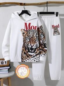 SHEIN 青少年男孩豹紋長袖連帽衛衣與運動長褲休閒套裝 - 彩色 - 查看 6