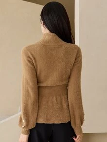 DAZY Women's Elegant Solid Color Stand Collar Sweater, Autumn/Winter Long Sleeve Tops - Brown - View 2