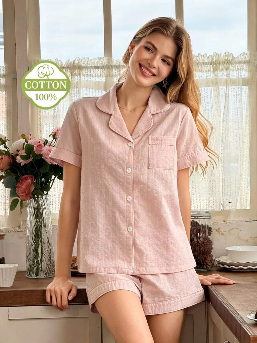 Snug Reverie 女款 100% 純棉藍色提花短袖短褲夏季鈕扣式睡衣套裝 - 粉色 - 查看 1