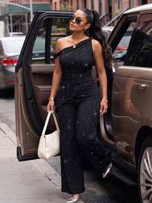 Poshavie Poshavie Plus Size Sparkly Asymmetric Off Shoulder 2 Pieces Set, Ruched Wrap Top & Wide Leg Pants Elegant Party Outfit - Black - View 4