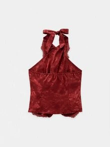 Nöista Polka Dot Halter Top With Lace Trim, Going Out Top For Women, Vacation Outfit, Party Style Aesthetic Chic - Burgundy - View 8