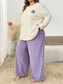 SHEIN CURVE+ Setelan Pakaian Santai Wanita Ukuran Besar yang Nyaman, Atasan Lengan Panjang dan Celana Longgar untuk Musim Gugur/Musim Dingin - Purple - View 8
