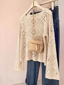 SHEIN CURVE+ 大尺碼花卉鏤空蝙蝠袖針織套頭衫 米色 2026年秋季 22W 婚禮賓客 正式鄉村風 波希米亞 秋季 - 米色 - 查看 6