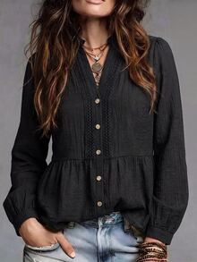 Breezaya Women's Fashion Casual Lace Button-Up Shirt - Black - View 3