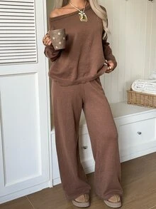 CovetEZ Women's Solid Color Asymmetrical Shoulder Long Sleeve Sweater And Knitted Pants Casual Set - Brown - View 4