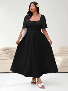 Solflare Spring/Summer Vacation Short Sleeve Plus Size Women Solid Color Front Tie Dress - Black - View 5