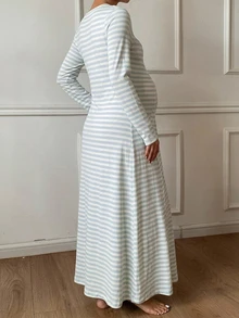 Dazy Maternity Contrast Stripe Umbrella Skirt Long Sleeve Round Neck Casual Vacation Versatile Daily Spring Autumn Maternity Dress - Blue - View 4