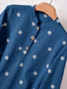 Rusticease 大尺碼女款花卉刺繡長袖休閒洋裝 秋季 - 霧霾藍 - 查看 3